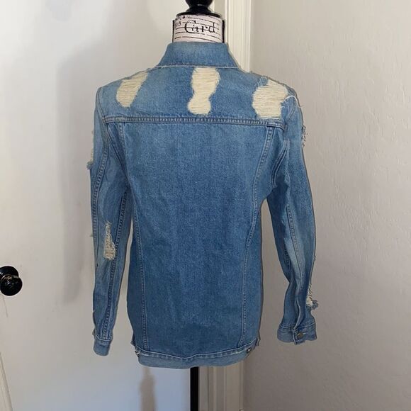 Lovers + Friends Factory Extensive Distressed Ripped Blue Denim Jacket Modern - Picture 6 of 16
